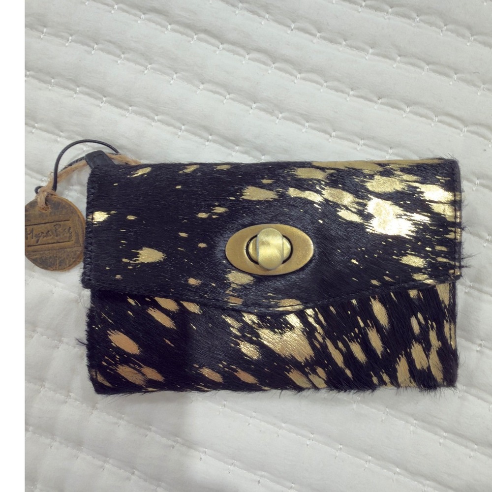 Myra Bag Cowhide Wallet Black Gold Metallic Hair On Hide RFID Trifold Turn Lock - Picture 3 of 9